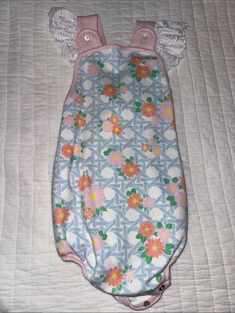 EUC TBBC Blue Cane Bubble with Floral Detail and winged eyelet sleeves Size 3T